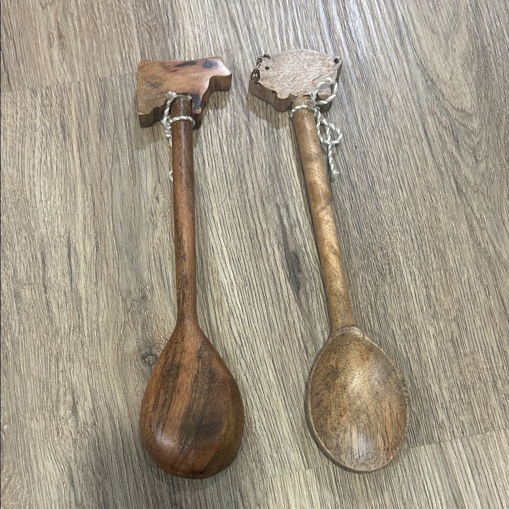 Handcrafted Wooden Spoons with Decorative Handles - Brown